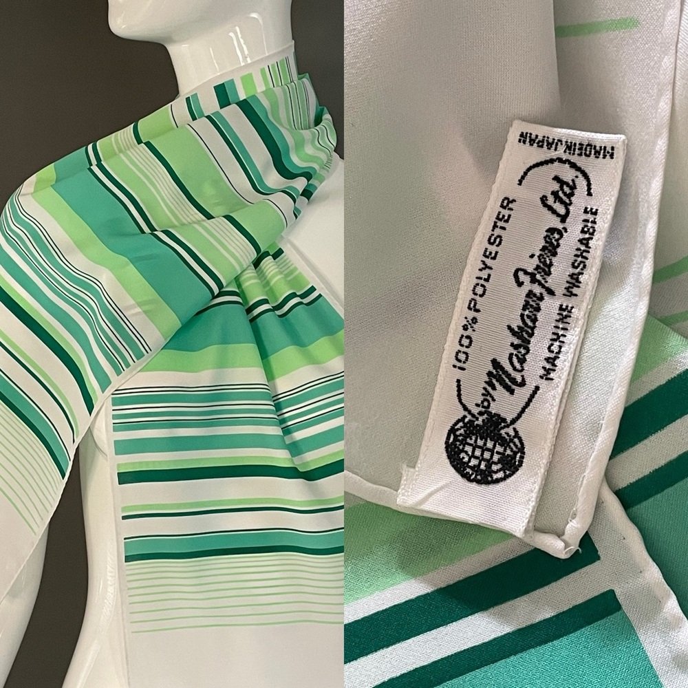 Super Cute Vintage Greens Stripes Poly Scarf 10 In by 46 Exc Condition